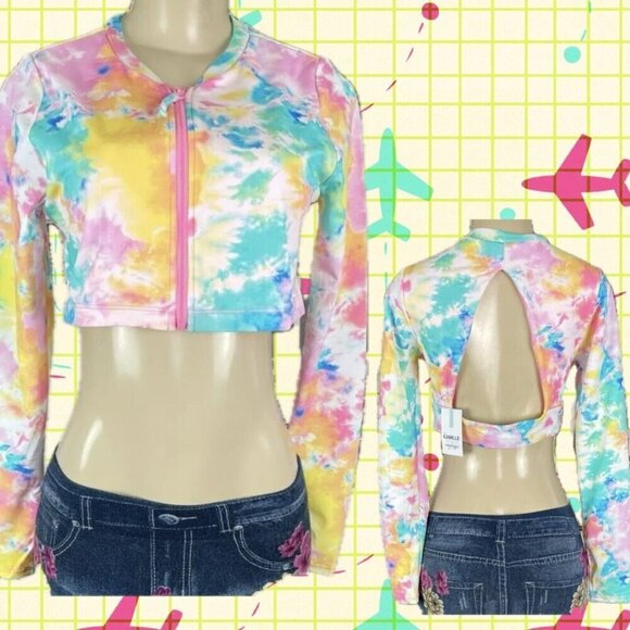 Swimsuit For All L Pastel Zip Front Open Back Lined Long Sleeve Crop Rash Guard - Picture 1 of 6